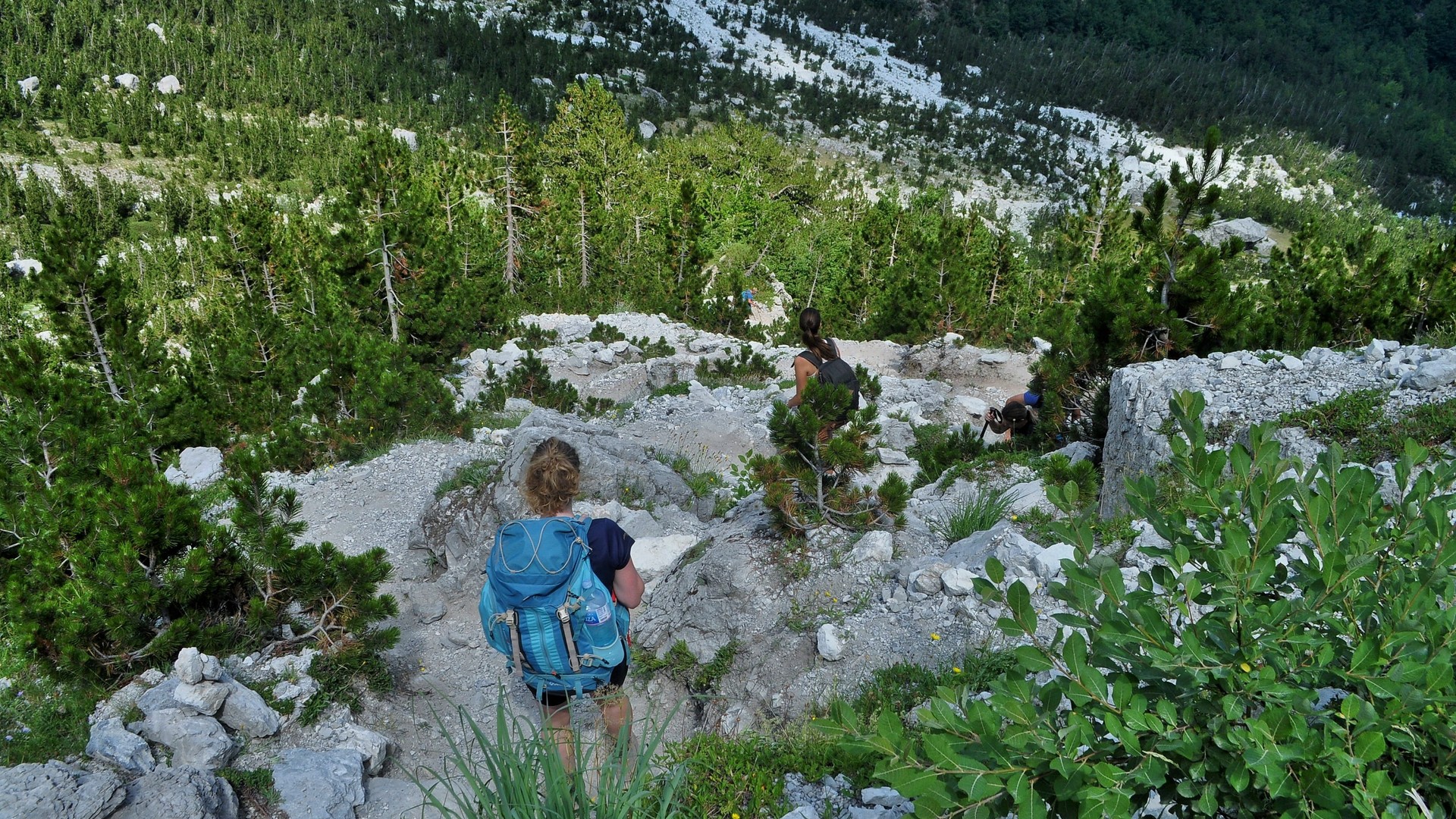 Hikers on the Theth to Valbona mountain trail in Albania