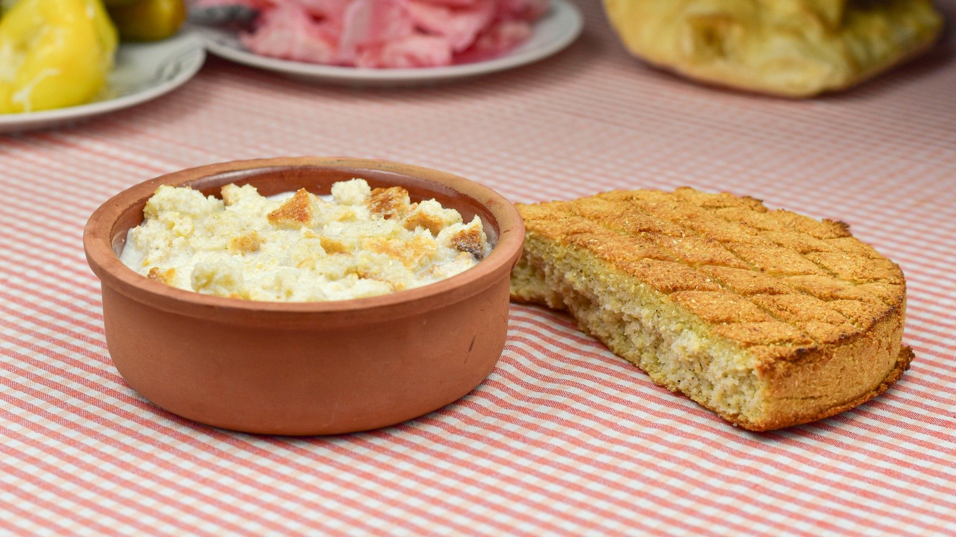 Traditional Albanian cornbread served with milk