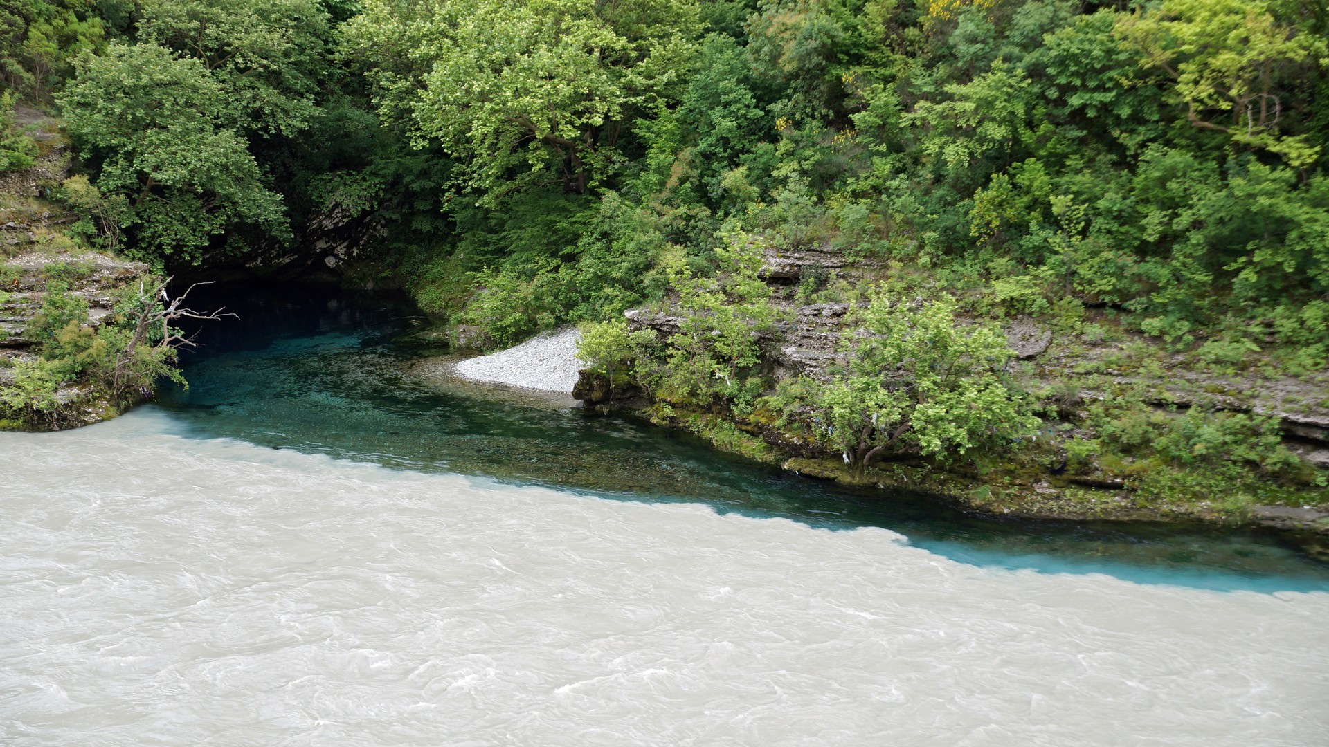 Clear flowing water in the wild Vjosa River